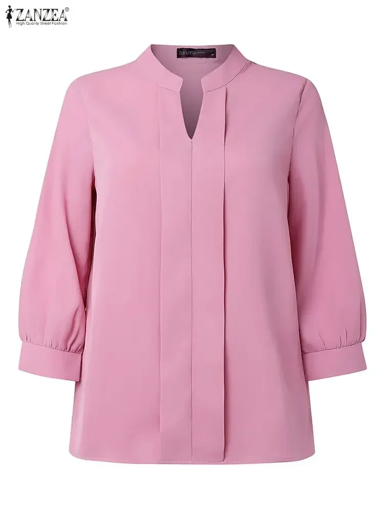 ZANZEA Frauen Bluse Mode 3/4 Hülse Casual Einfarbig Tops 2025, Herbst V-ausschnitt Lose Blusas Femininas Streetwear Arbeit Tunika