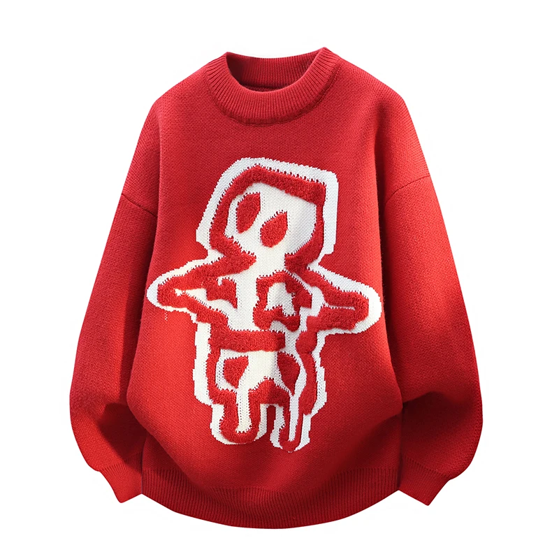 

Утепленный красный вязаный свитер для мужчин, свободный повседневный стиль, новая зимняя мода, из полиэфирного волокна, мягкий, комфортный, с длинными рукавами