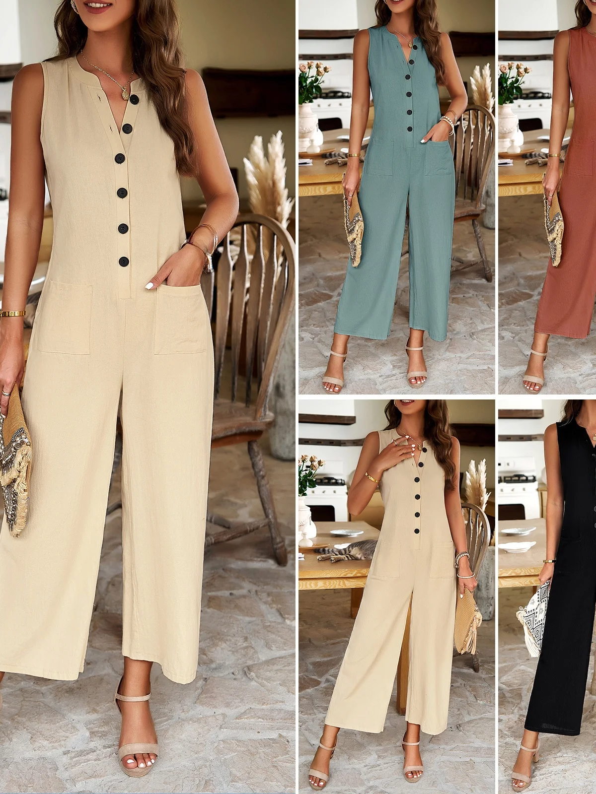 

High Waist Buled Svel Wide Leg Ladies Jumpsuit Pure Color Button Street Sle Nine Points Pants High Waist Polyester