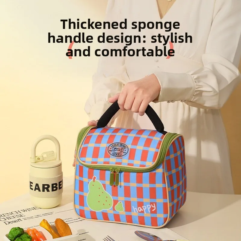 

1 шт. Термосумка для обедов в клетку в стиле дофамин, портативная сумка-тоут для бенто для офиса и школы