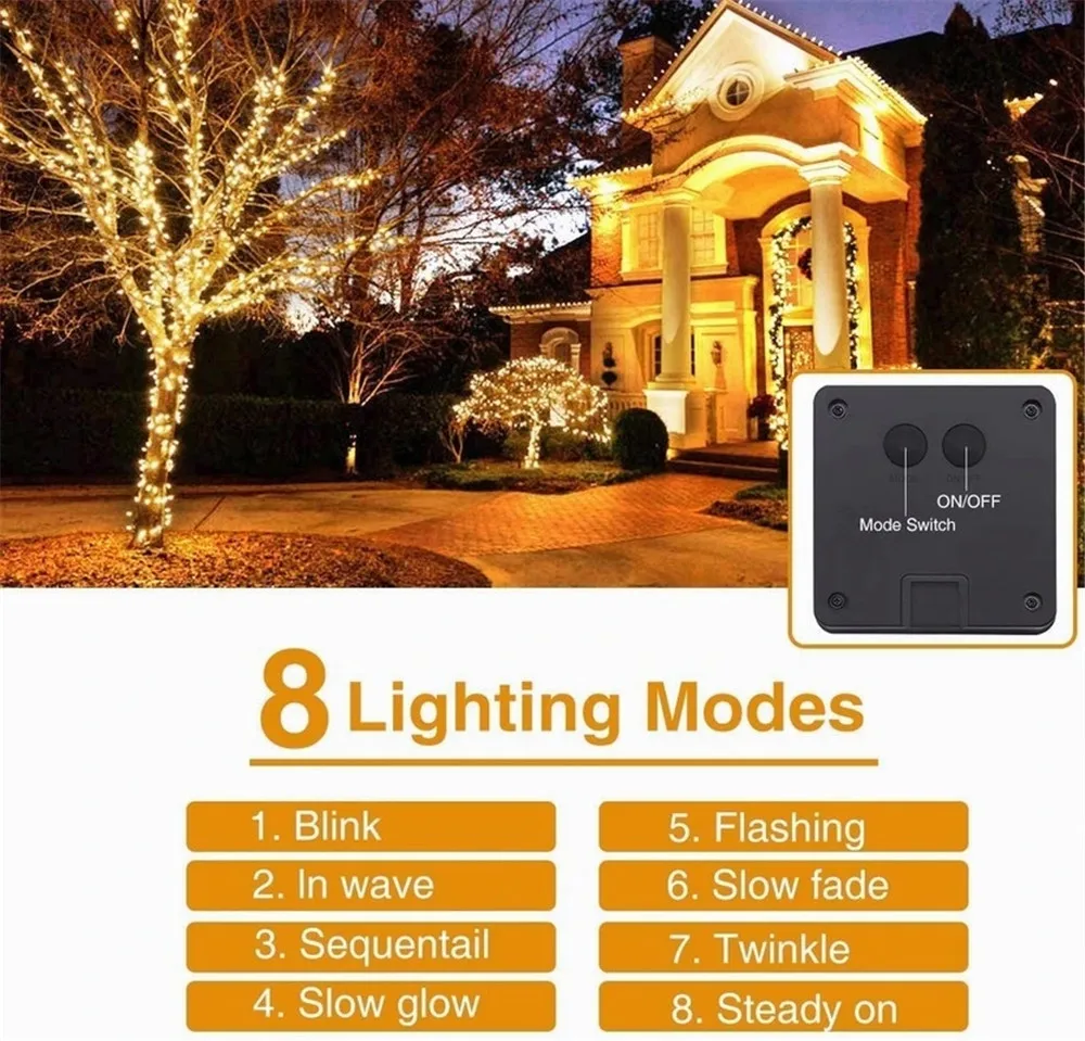 200 LED Solar Power Fairy String 22m DIY Colorful Lights 8 Modes Christmas Lights Outdoor Wire Lamp Xmas Lighting Party Supplies