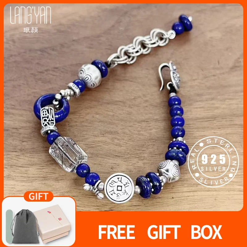 

Langyan Natural Lapis Lazuli Rutilated Quartz Bracelet Handmade 925 Sterling Silver Chinese Lucky Bracelet Gift for Women SL190