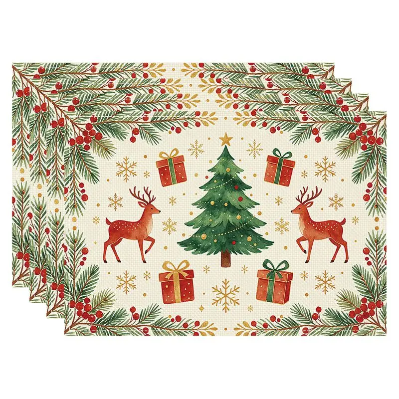 VIKAMA Retro Elk Christmas Tree Meal Mat Waterproof and Insulated Table Mat Holiday Party Home Restaurant Table Decoration Mat