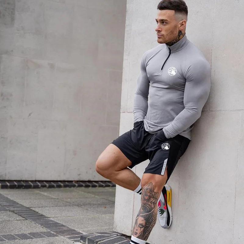 2022 New Men\'s skinny long sleeve T-shirt gym fitness stretch compression fast drying shirt men\'s exercise T-shirt top clothing