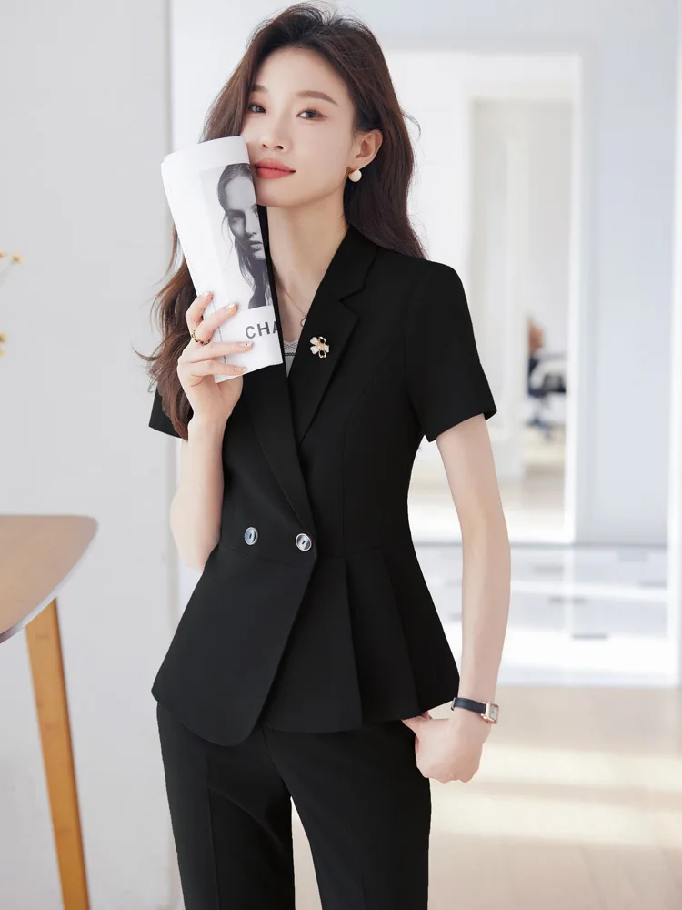 Summer Short Sleeve Uniform Styles Formal Professional Pantsuits Women Business Work Wear Ladies Career Interview Blazers S-5XL