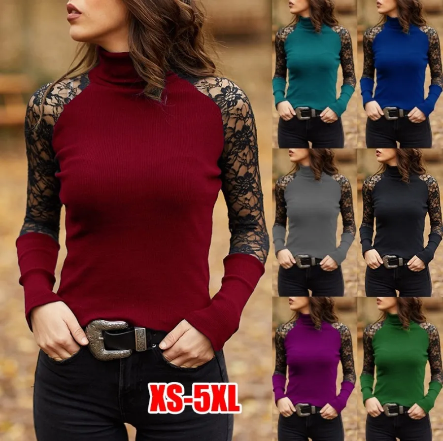 T-shirt da donna Primavera/Estate Nuovo collo alto Casual Lace Splicing Maglietta a maniche lunghe Donna Top