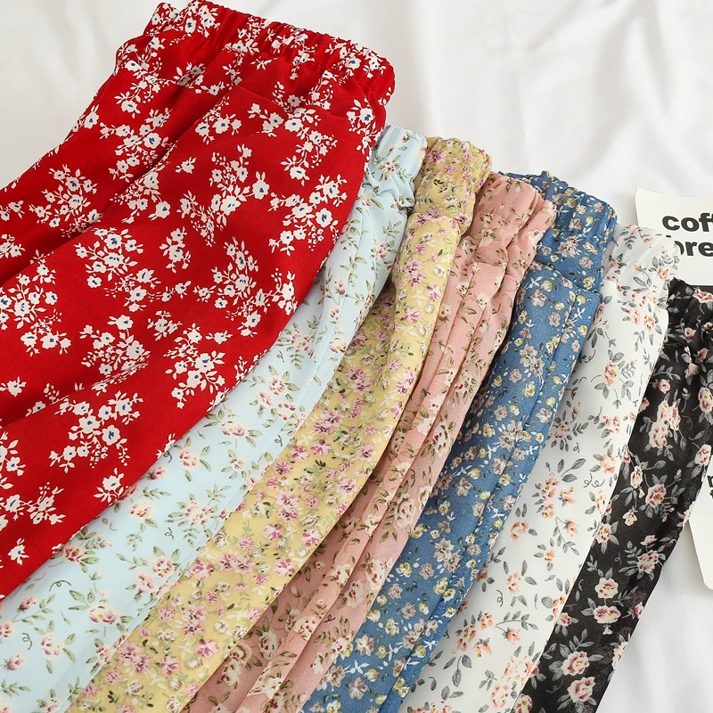 Spring Summer Casual Skirts Womens Vintage Floral Printed Chiffon Skirts Elastic High Waist Midi A-Line Beach Skirts