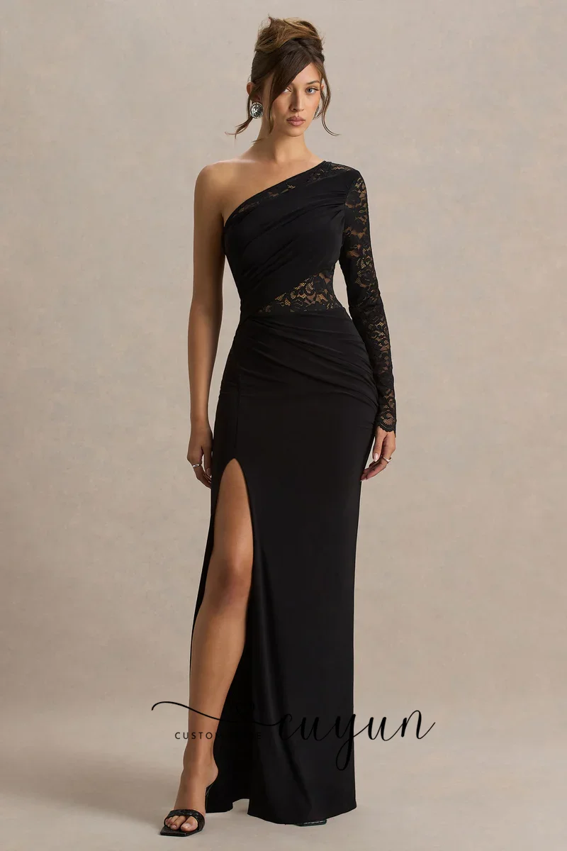 CUYUN 맞춤형 원숄더 레이스 긴 소매 이브닝 디너 드레스 슬릿 섹시 우아한 웨딩 파티 드레스 게스트용