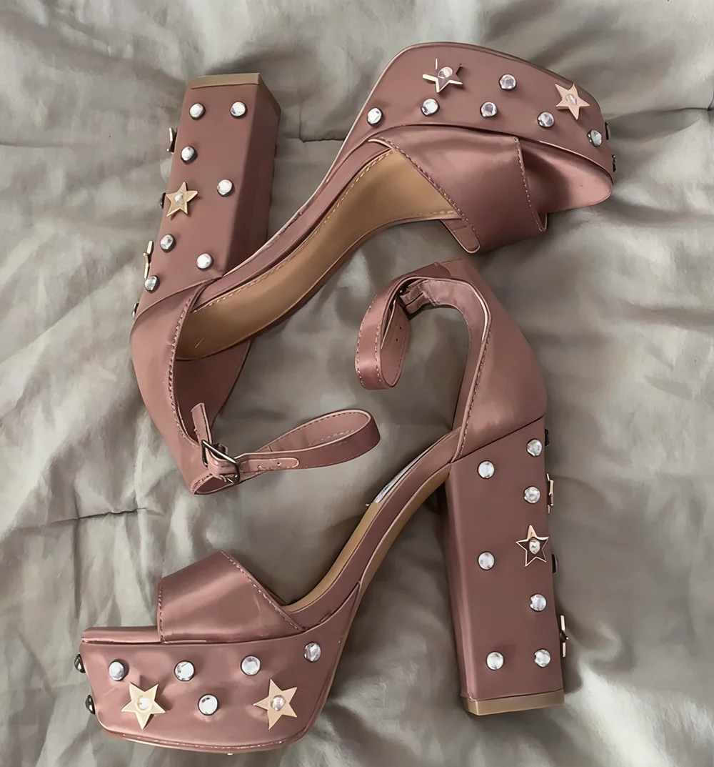 Dusty Rose Leather Platform Heels Star Crystal Decorations Chunky Block Heel Ankle Strap Open-Toe Design Sweet Style Sandals