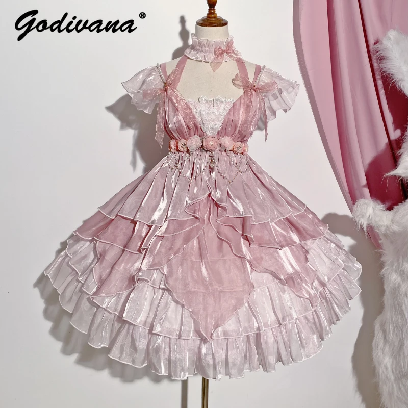 

Sweet Cute Girls Pink Lolita JSK Bow Dress Trailing Off-Shoulder Sleeveless Fitted Waist Bubble Princess Fairy Dresses for Women