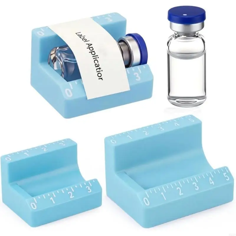 Small Jar Label Stand with Curved Positioning Cradle and Measuring Scale Ruler for Vials, Bottle Labeling, and Tabletop Sorting