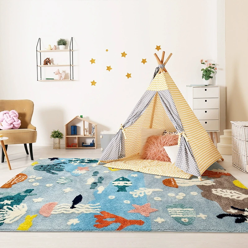 Cartoon Blue Ocean Carpet Kids Room Home Soft Rugs For Bedroom Decor Tufted Children Crawling Tatami Floor Mat Nordic Area Rug