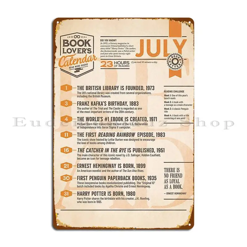 Literary Calendar July Metal Sign Plaques Wall Decor Design Customize Cinema Garage Tin Sign Poster