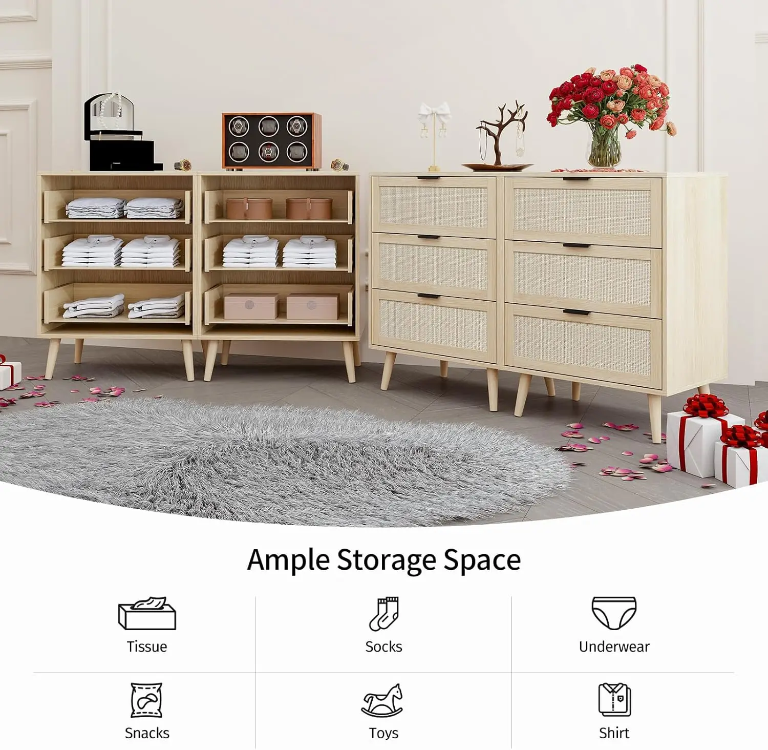 3 Rattan Drawers Dresser For Bedroom, Wood Chest Of Drawers, Modern Accent Storage Cabinet, Wicker Boho Nightstand For Living