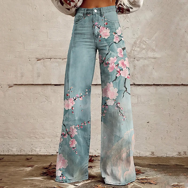 Women's 3D Printed Flare Jeans-Polyester Wide Leg Pants with Distressed Vintage Look, High Waist Comfort Fit for Street Fashion