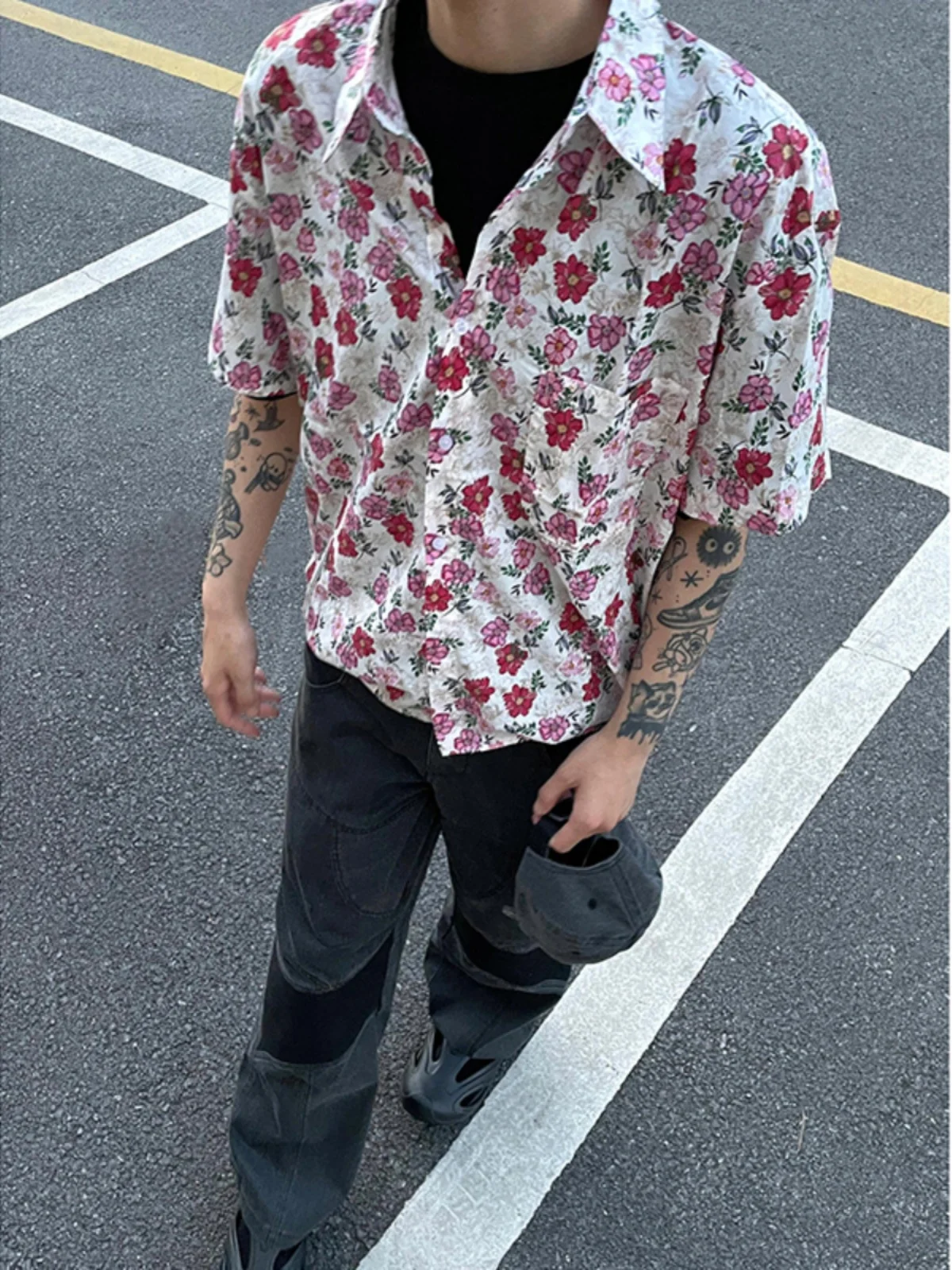 

American Retro Print ort Sve irt Men's Summer f Sve Japanese Harajuku Sle Lightweight Outerwear Loose Fit