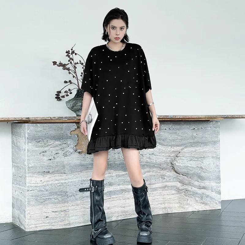 Tannt femmes robe volants Patchwork perles mode t-shirt robes pour femmes décontracté ample noir été t-shirt robes 2025 nouveau