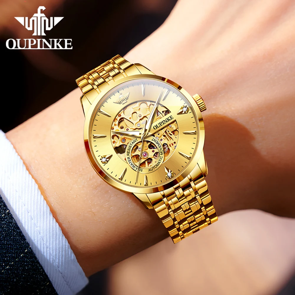 OUPINKE 3308 ساعات ميكانيكية أوتوماتيكية للرجال مستوردة من اليابان حركة مجوفة مينا ذهبي ساعة رجالية فاخرة