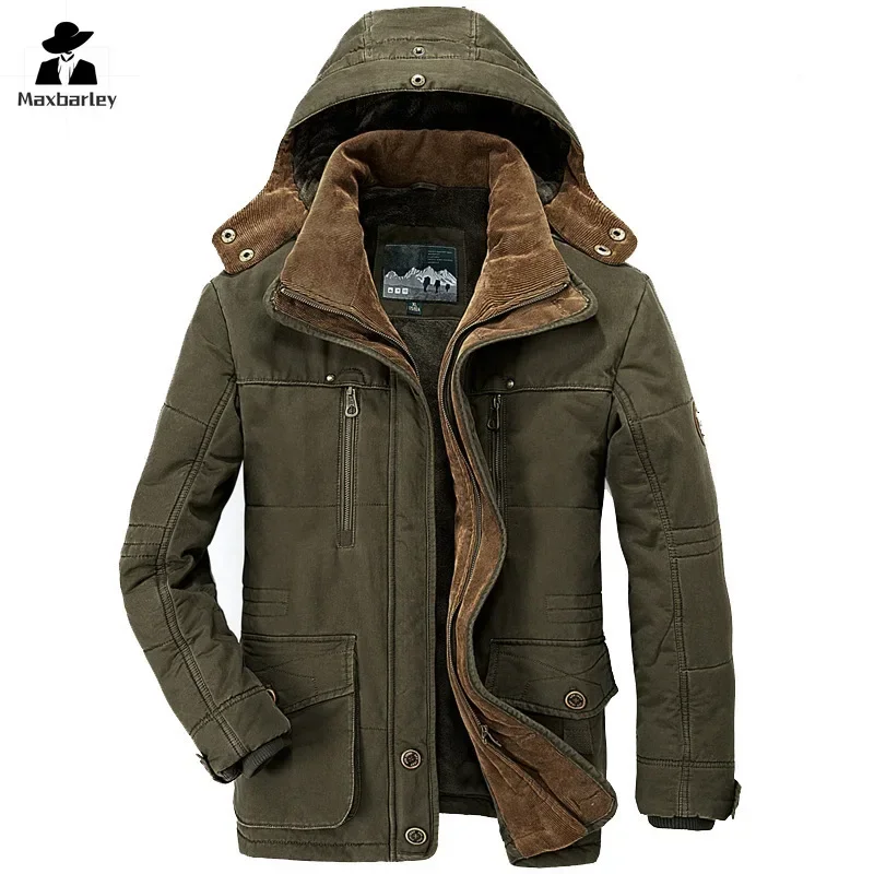 Jaquetas masculinas com capuz longo, Parkas quentes casuais, jaquetas de carga com vários bolsos, boa qualidade, ajuste masculino, inverno, 7XL