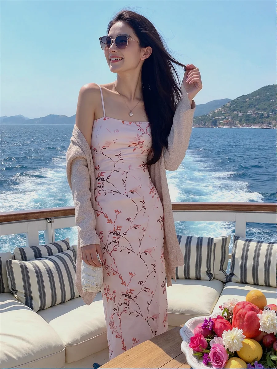 Women'S Dresses Y2K Pink Slim Ankle-Length Chinese Style Side-Slit High-Slit Splited Splitting Cut-Out Cutout Hollow-Out Holes