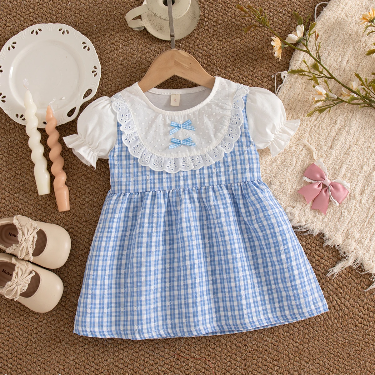 Baby Girl Dress Summer Cotton Bow Plaid Bubble Sleeves Lace Border Girls Dresses Cute And Casual Beach Baby Girl Clothing