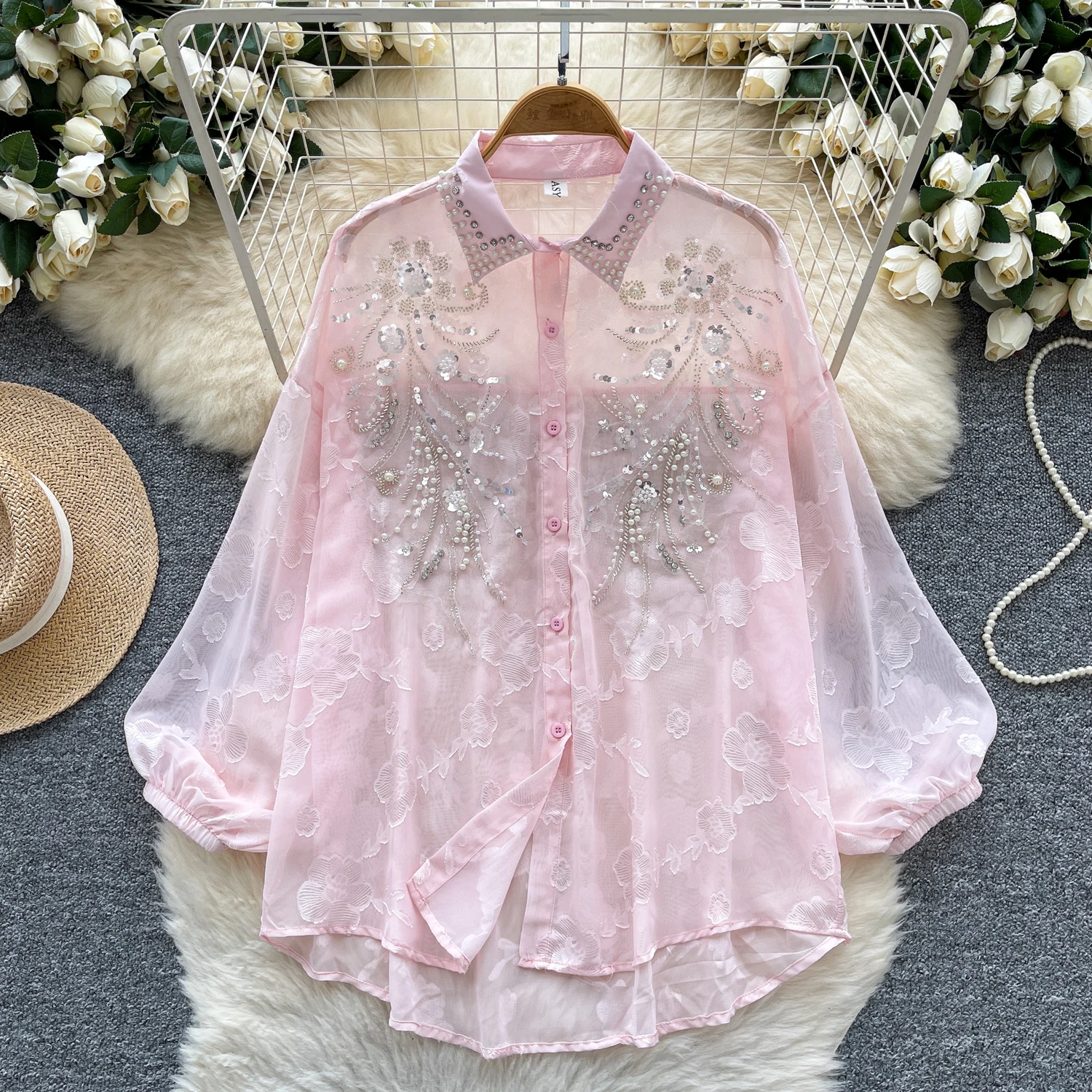 

Summer thin loose long sleeved heavy studded sequins embroidered lantern sleeves shirt for women