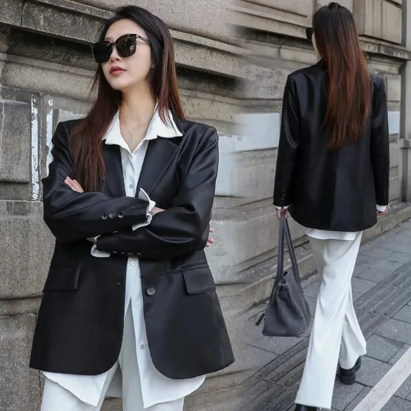 Korean Female Medium Length Faux Leather Jacket 2026 Women Large Size 4XL Leather Outwear Spring Autumn Ladies PU Leather Coat