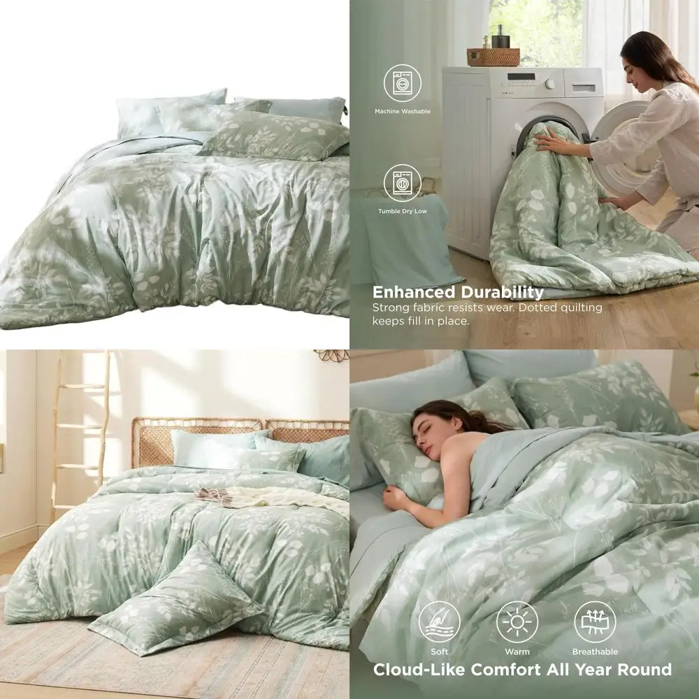 

7-Piece Sage Green Floral Comforter Set with Sheets, Pillowcases, and Shams for Queen Bed