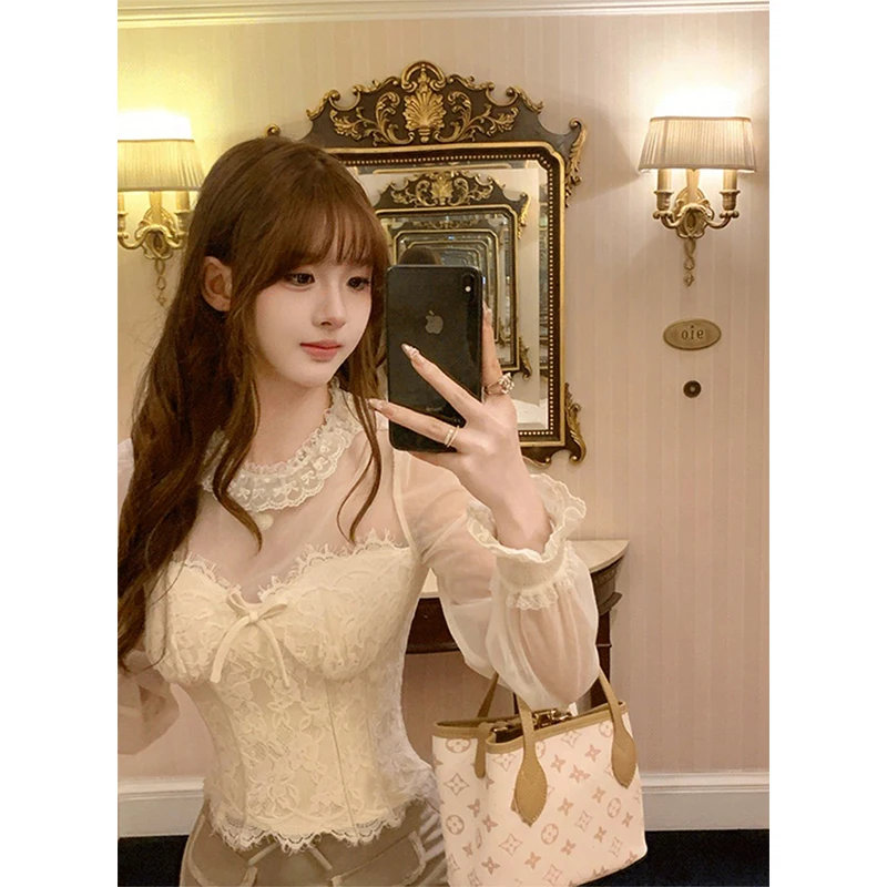 MEXZT Vintage Cropped Lace Shirts Women Sweet Elegant Mesh Patchwork Blouses Summer Ladies Korean Long Sleeve Slim Design Tops - view 2