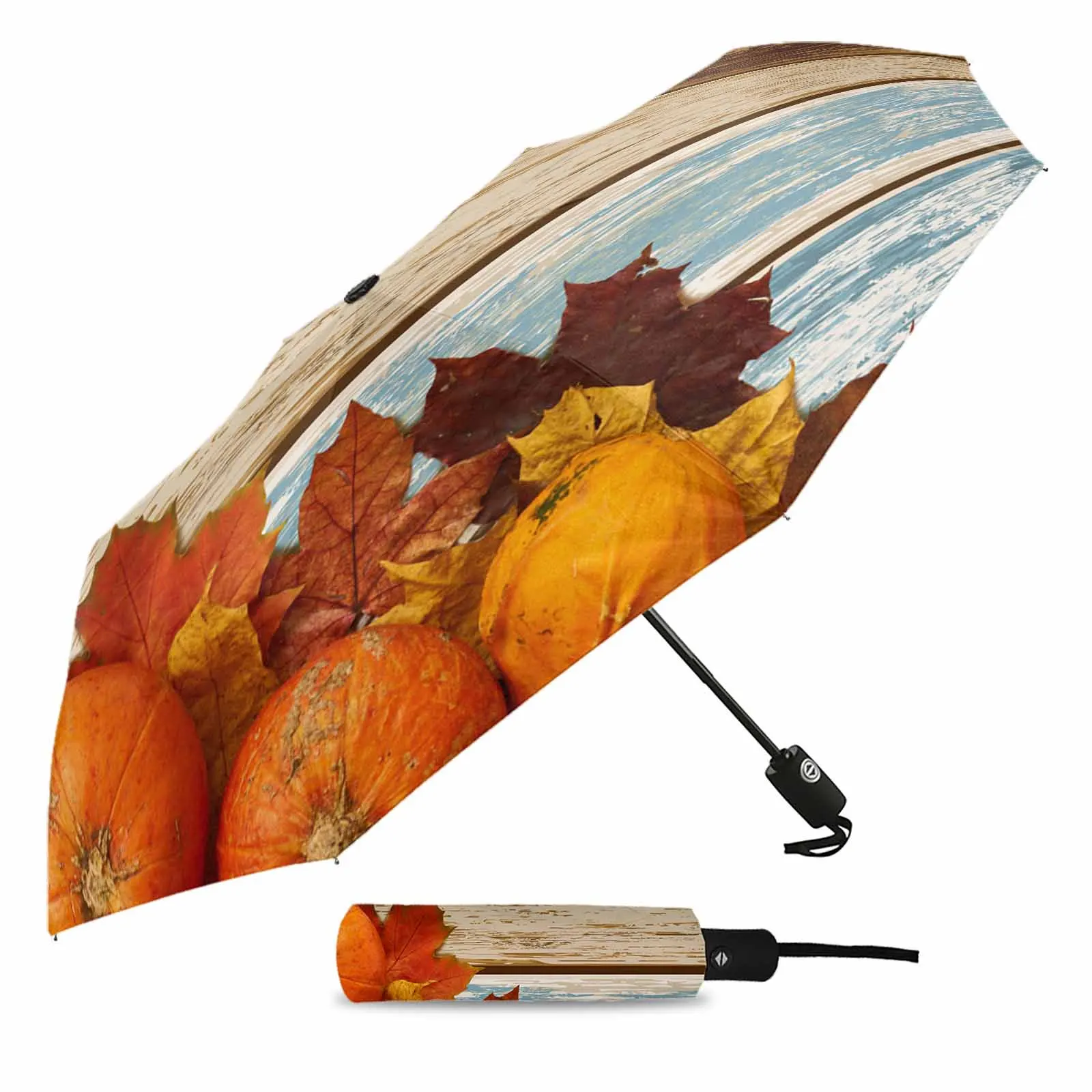 Pumpkin Leaf And Wood Grain Flower Automatic Umbrella for Rain Foldable Parasol Umbrella Eight strand Outdoor Umbrellas