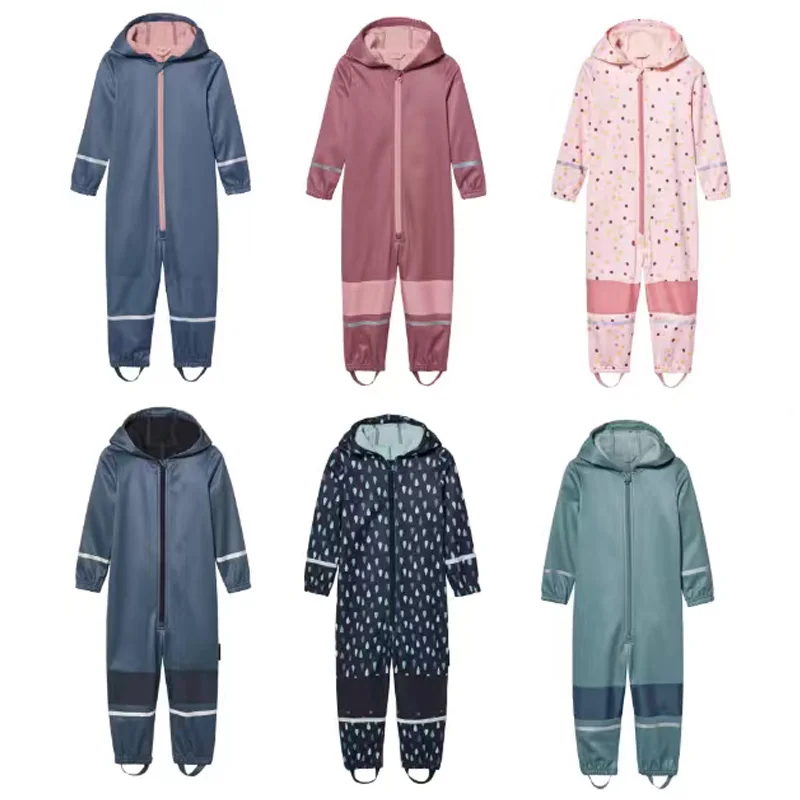 

Children's outdoor soft-shell onesies are waterproof and fleece breathable
