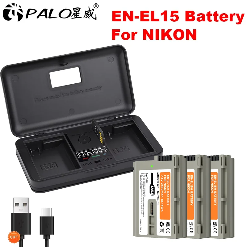 PALO EN EL15B en el15A EN-EL15C Type-C Battery+LCD Charger Case for Nikon Camera D750 D810 D500 D7500 Z5 Z6 Z6 II Z7 Z8 EN EL15