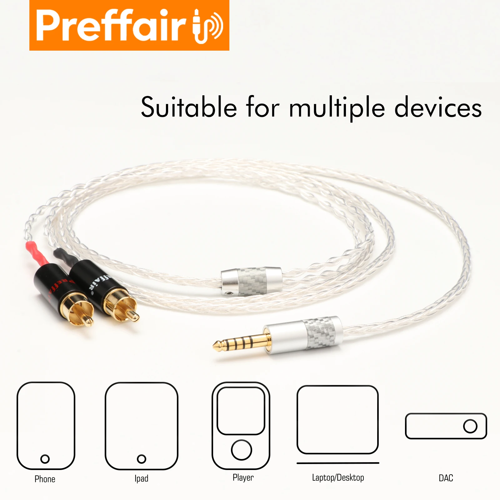 Preffair 8core 7N OCC Silver plated audio cable 3.5/2.5/4.4mm to 2RCA Interconnect Cable for Amplifier DAC Speaker