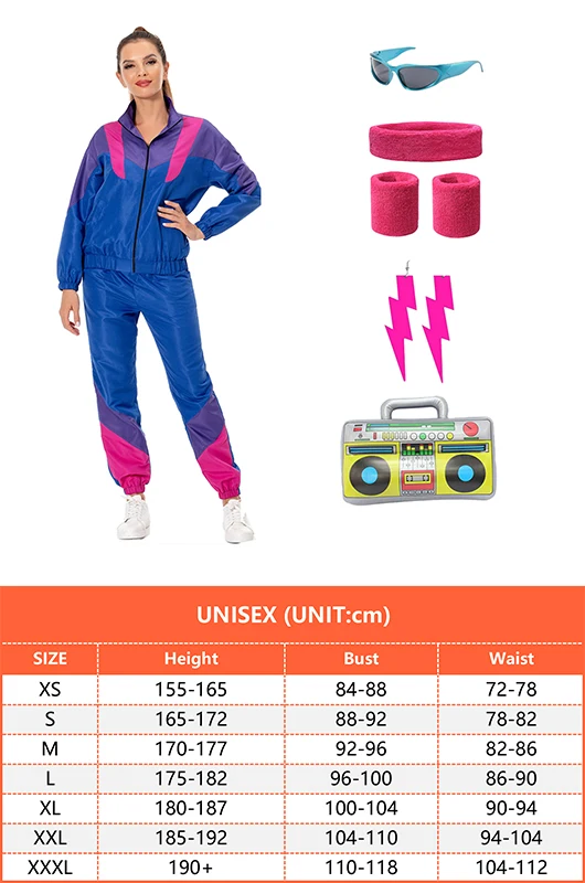 Retro 80s Fashion Cosplay Costume Accessory Fantasy Tracksuit Pants Halloween Carnival Suit Outfits For Adult Men Women Roleplay