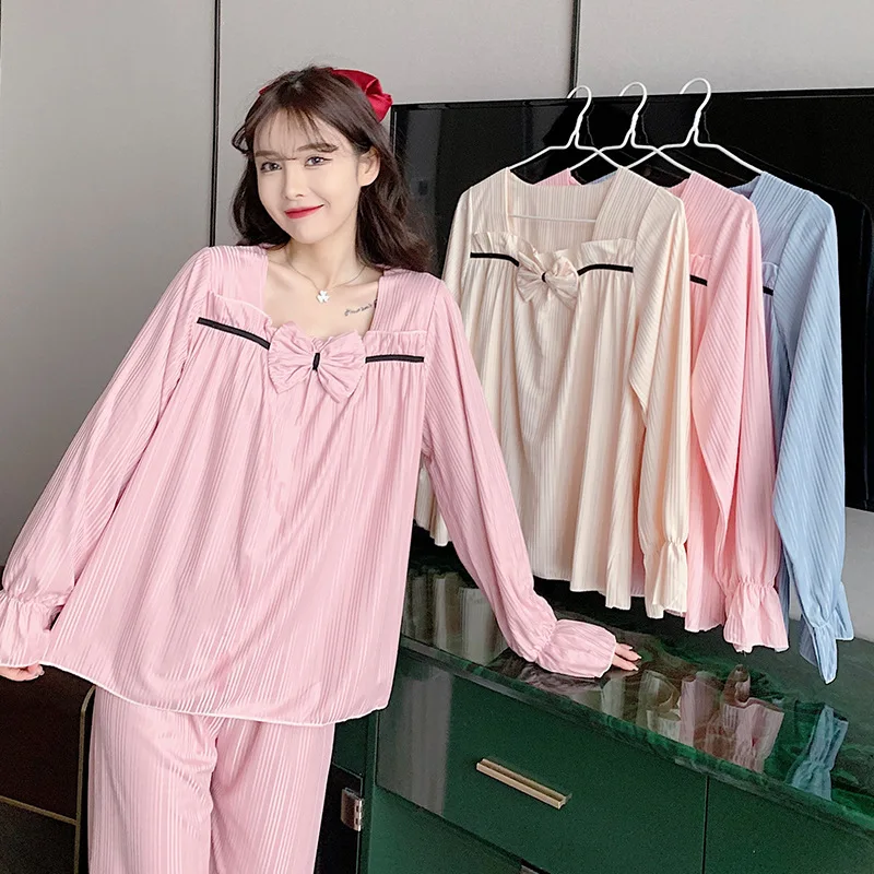 100kg Large Size Princess Style Pajamas Women Korean Sweet Spring Long-sleeved Sleepwear Solid Soft Loungewear Loose Outerwear