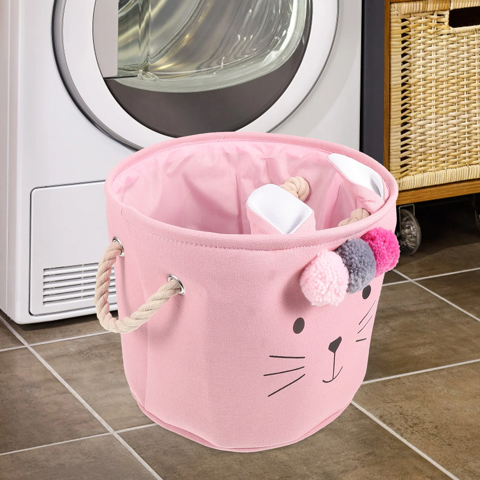 Cesta de almacenamiento para el baño, cajas de bolas de piel de gato rosa, lavandería para niñas con asa, bolsa de tela, cesto para madre