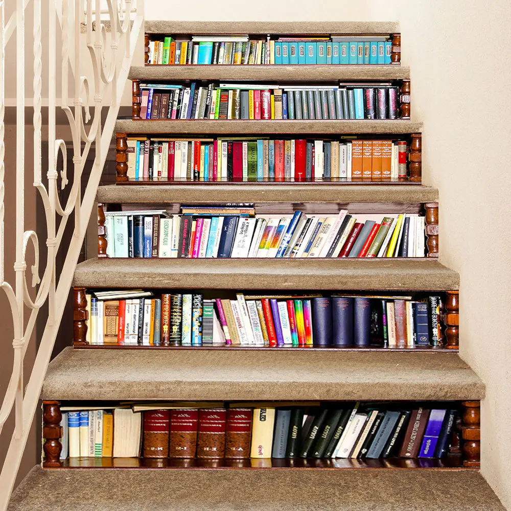 3D Fake Bookshelf Stair Riser Stickers 100×18cm Vinyl Book Pattern Decals Removable Mural Wallpaper for DIY Home Staircase Decor