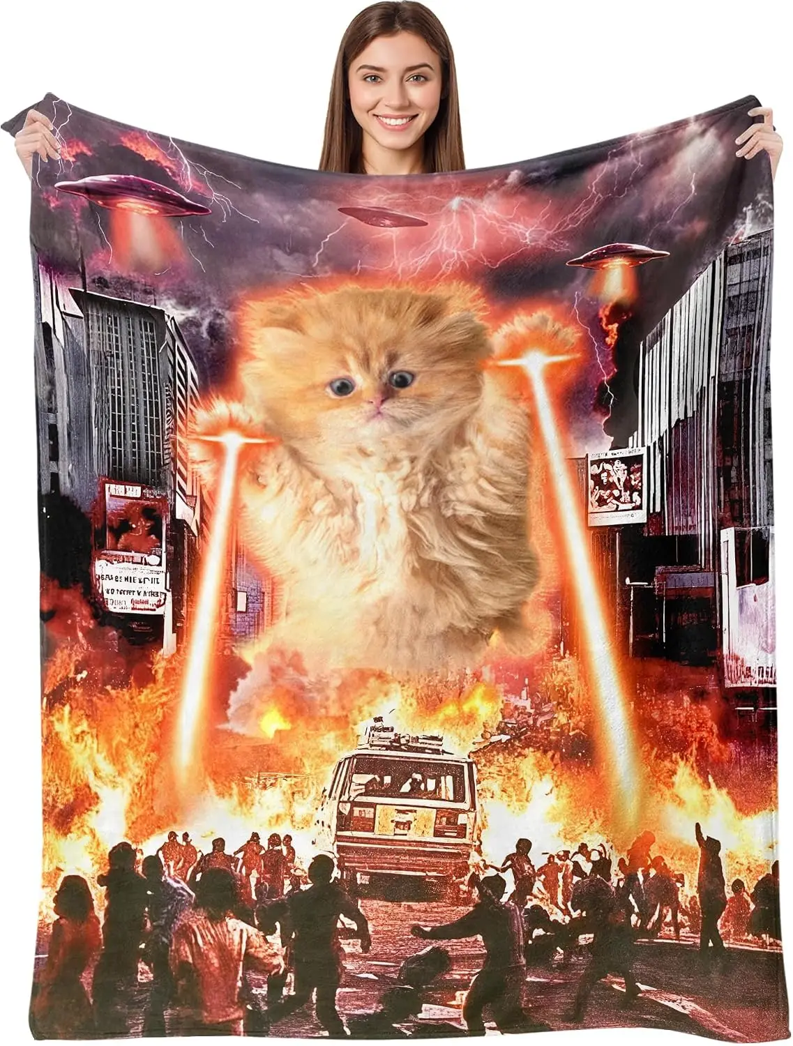 Giant Orange Cat Laser UFO City Flannel Throw Blanket Soft Warm Cover For Sofa Bedroom Dorm Funny Decor Kitten Pattern Gift