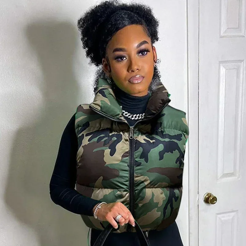 Street Women Camouflage Zipper Puffer Jacket Hollow Out Sleeve Camo Bubble Coats Stand Collar Collect Waist Parkas Down Jacket