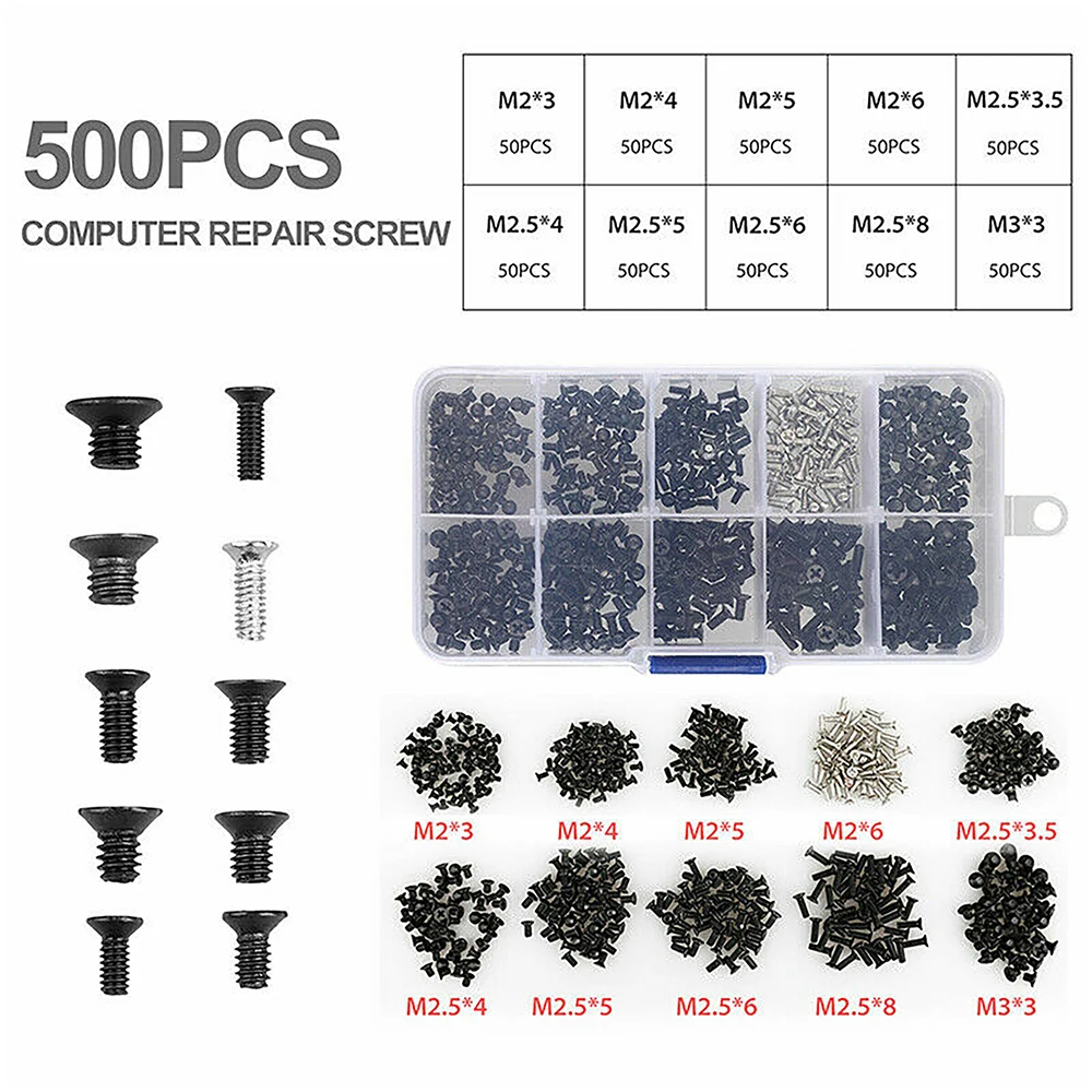 500pcs Mini Screw Set M2 M2.5 M3 Carbon Steel for Computer Notebook Laptop Small Hardware Repair Kit