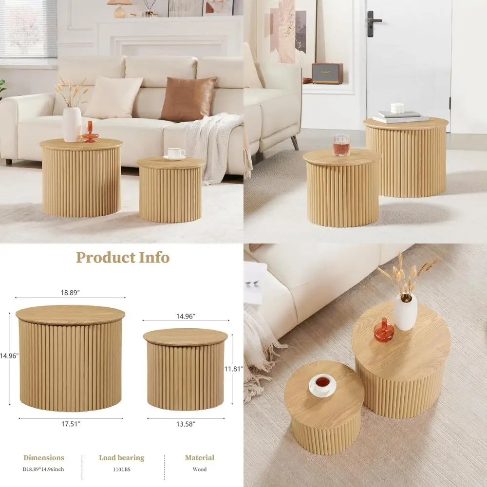 

Boho Chic Modern Nesting Coffee Tables, Set of 2 Small Fluted Circle Side Tables for Farmhouse Style