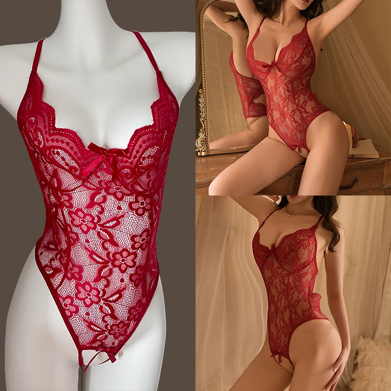 

Women Black Lace Hollow Out Bra Set Sexy Crotchless Lingerie Erotic Costumes Baby Doll Dress Deep V Underwear Female Bodysuits