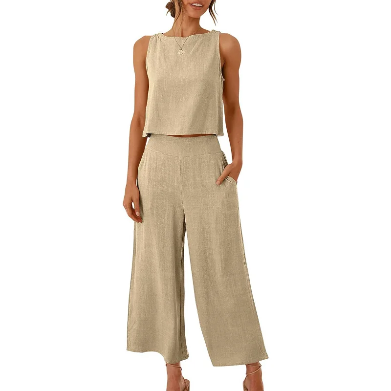 2023 Spring and Summer Women's Clothing Sleeveless Cropped Top + Wide-leg Pants Two-piece Suit