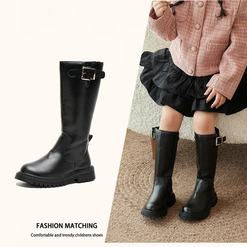 

Kids'Boots Solid Color Buckle PU Leather Fashion Autumn Knee-high Boots For Girls Anti-slip Breathable Black Shoes Size 27-37