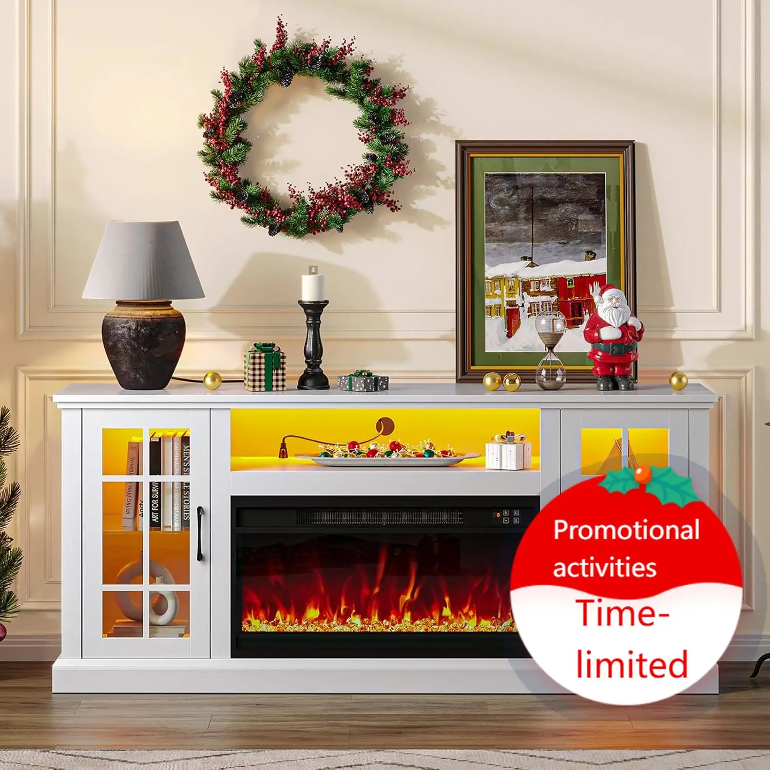 

White Tv Stand With Electric Fireplace Power Outlets Led Storage Cabinet For 65 60 55 50 45 Inch Tvs