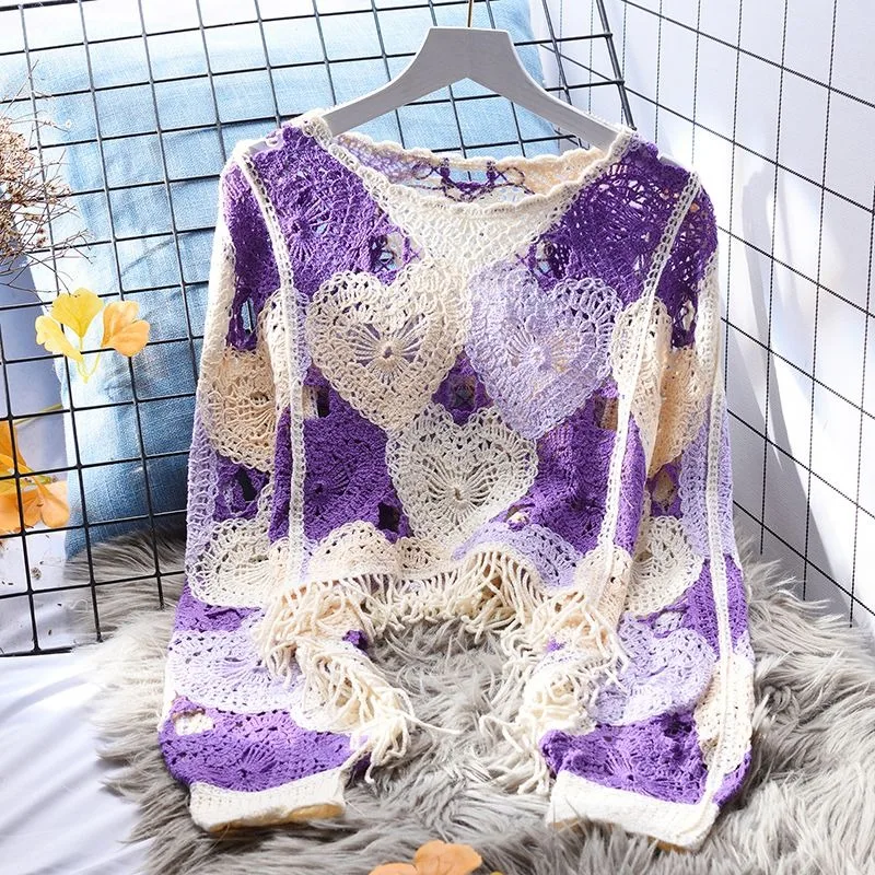 Loose Sweater Women New Korean Round Neck Hollow Soft And Sticky Sweater Top Tassel Design Sense Pullover Knitted Sweater