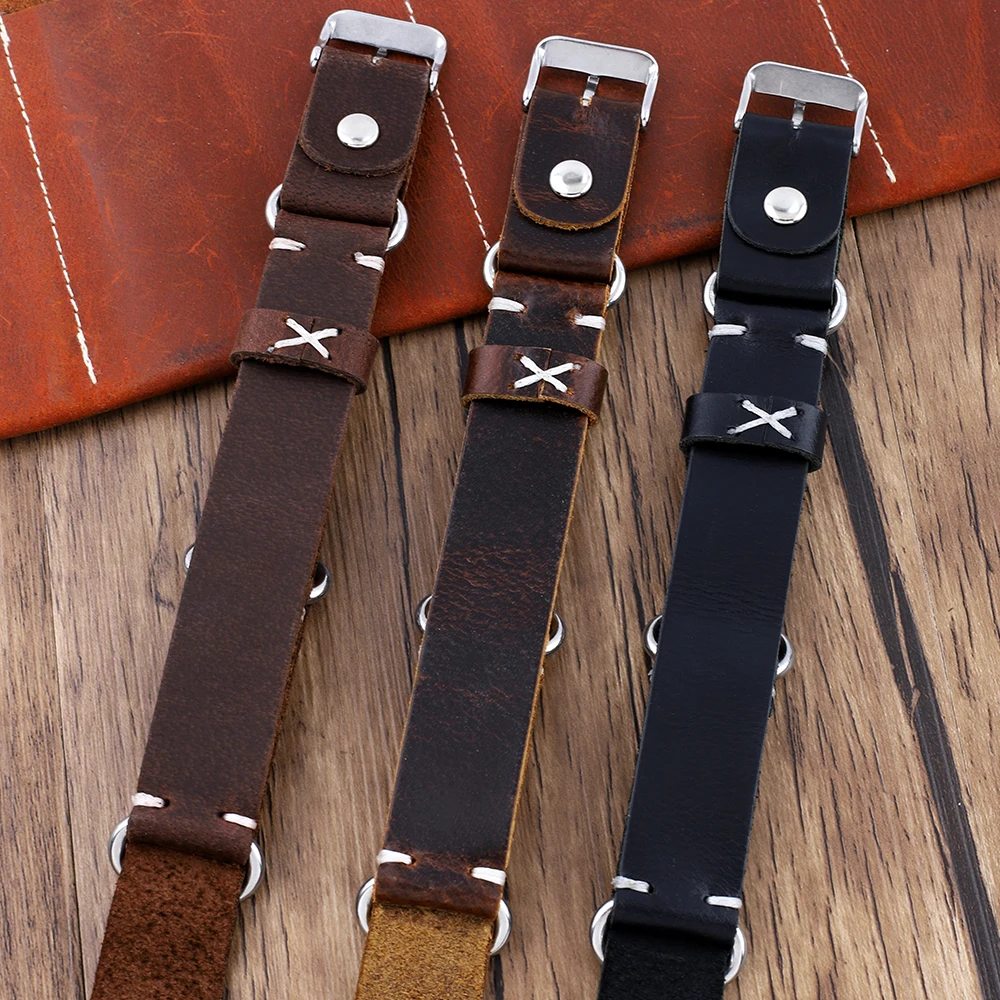 Long Watch Strap 20mm 22mm Vintage Black Coffee Brown Leather Watchband with Rivet Three Rings Wristbands for Watch Accessories