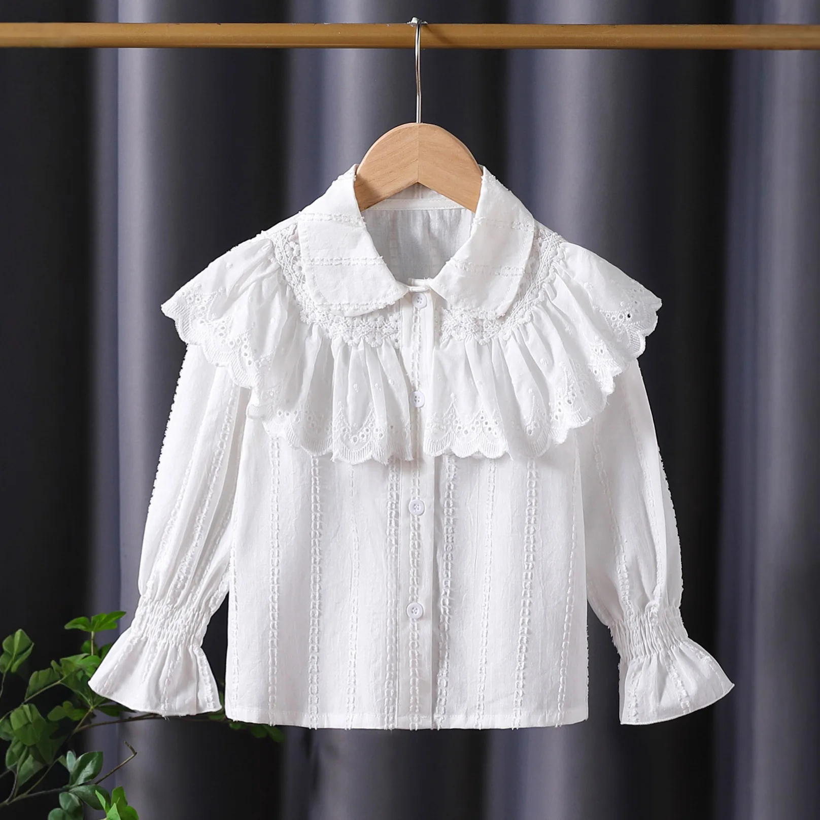 

High quality girls blouse long-sleeved shirt spring and autumn children's white cotton lapel cardigan top