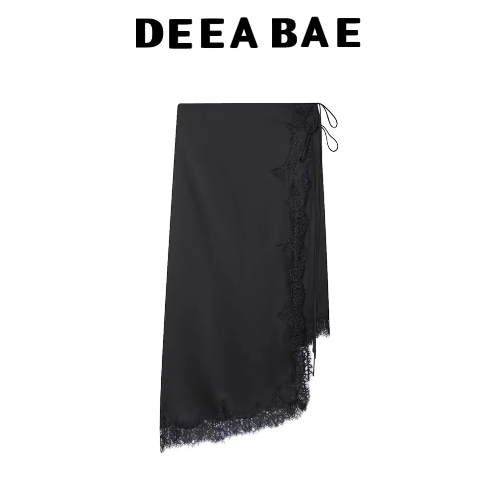 

DEEABAE Winter new women's French style asymmetrical A-line skirt with lace patchwork satin skirt