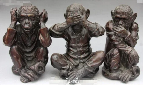 SCY 1114+++Chinese Antique Bronze No Speak Hear See Three Monkey Monkeys Animal Statue Set